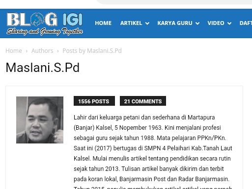Maslani, Guru Tanah Laut Penulis 1.556 Artikel di Blog IGI